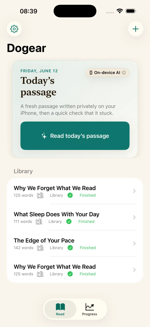 Dogear home screen with today's AI-generated passage and reading library